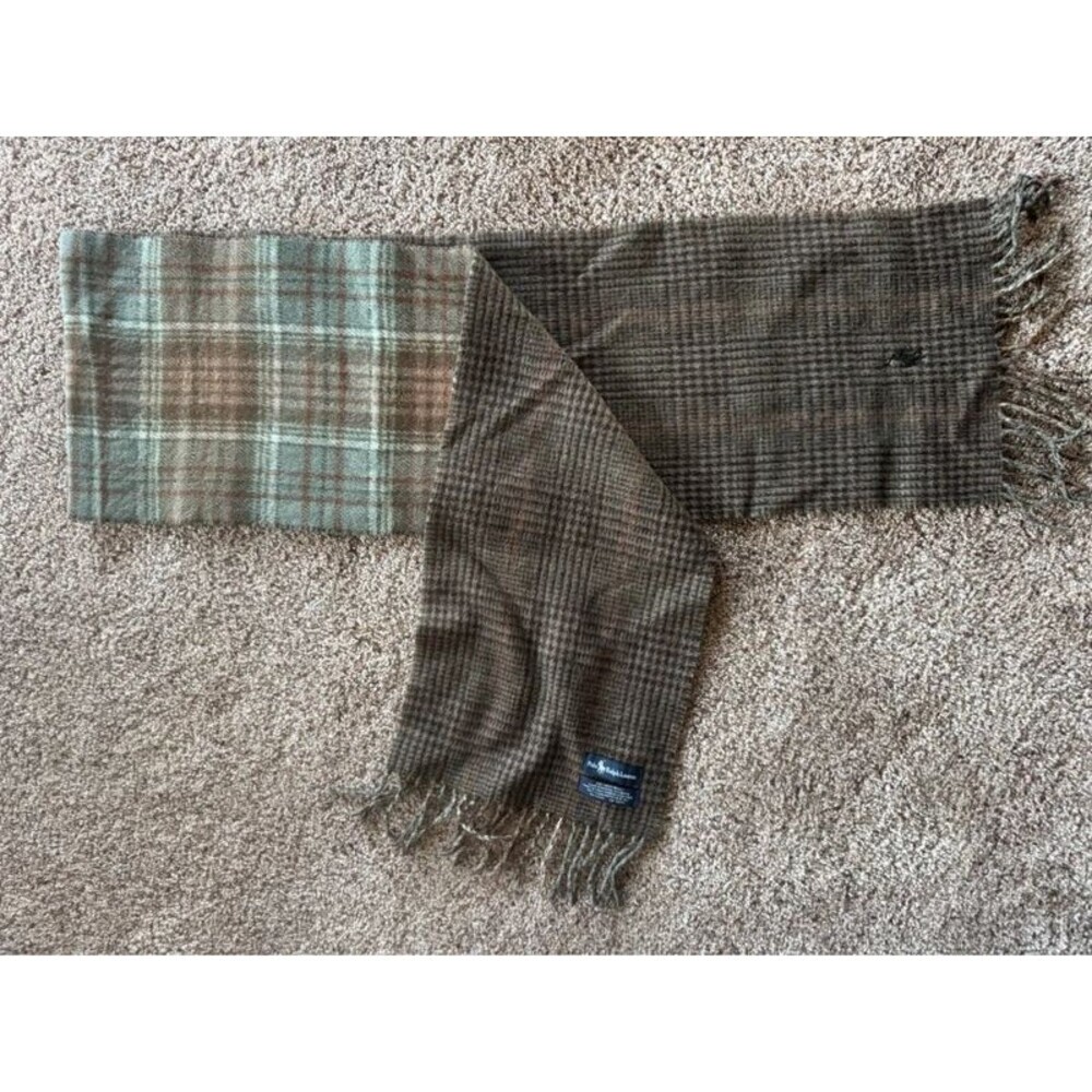 Vintage Polo Ralph Lauren Lambswool Scarf Plaid Green Brown Fringe Italy